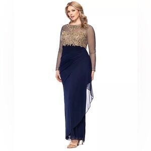 Xscape Long Sleeve Dress with Navy and Gold Accents